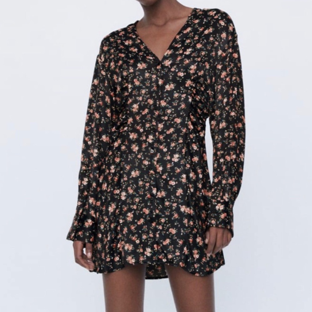 NWT Zara Black and Pink Floral Print dress M